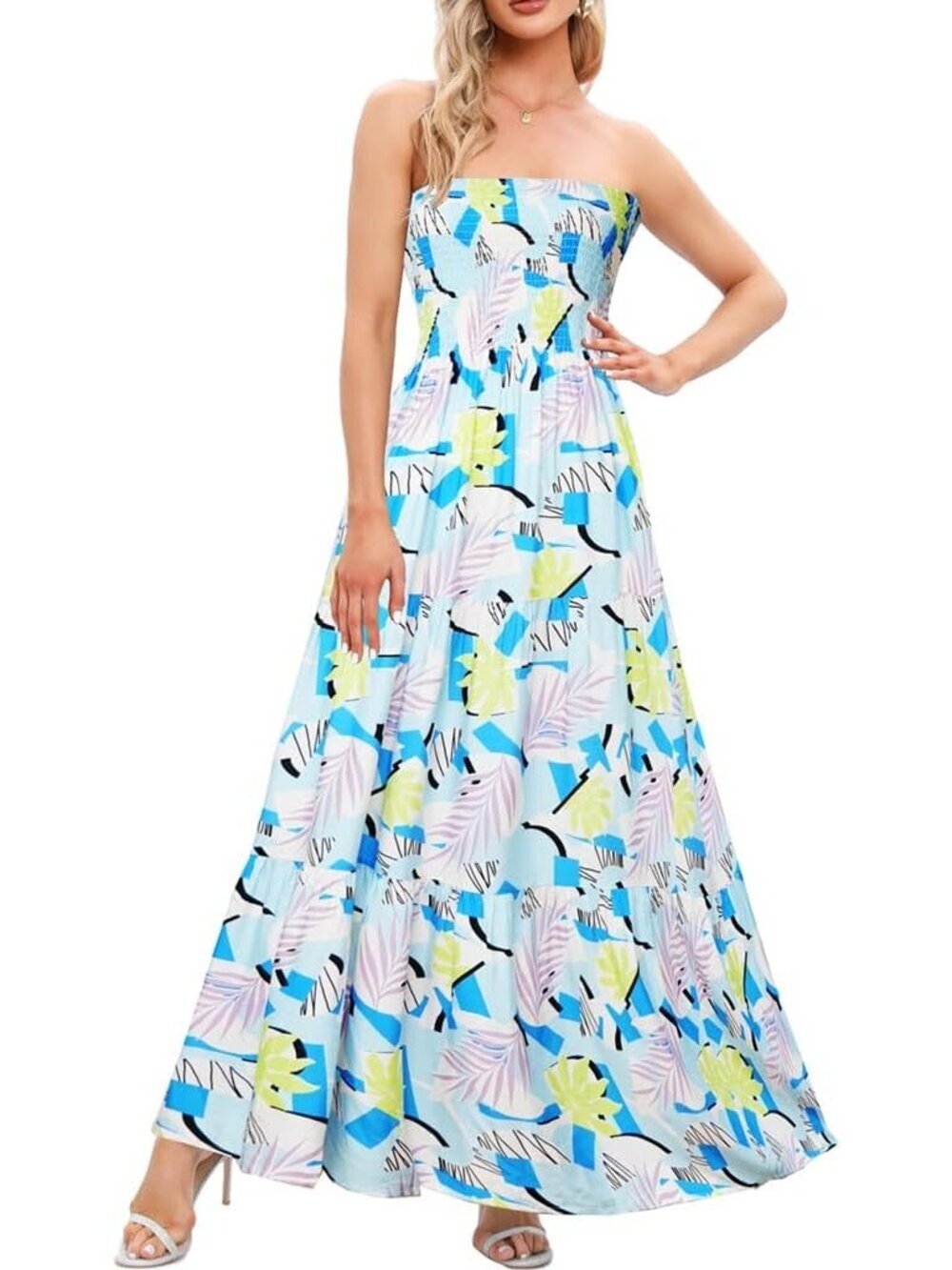Women's Light Blue Flower Casual Shoulder Strapless Tube Top Beach Maxi Dress